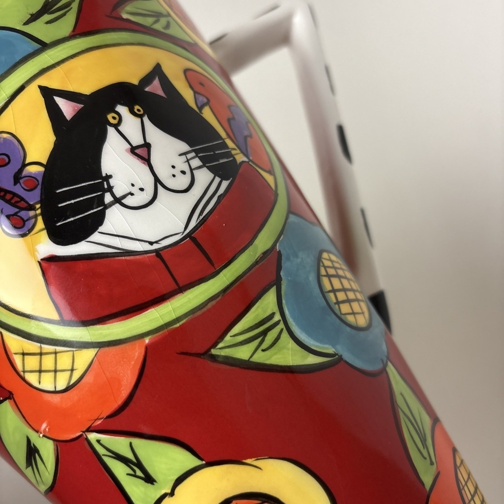 Catzilla Pedestal Pitcher By Candace Reiter Colorful Artsy Flowers Cat Design - Picture 10 of 14